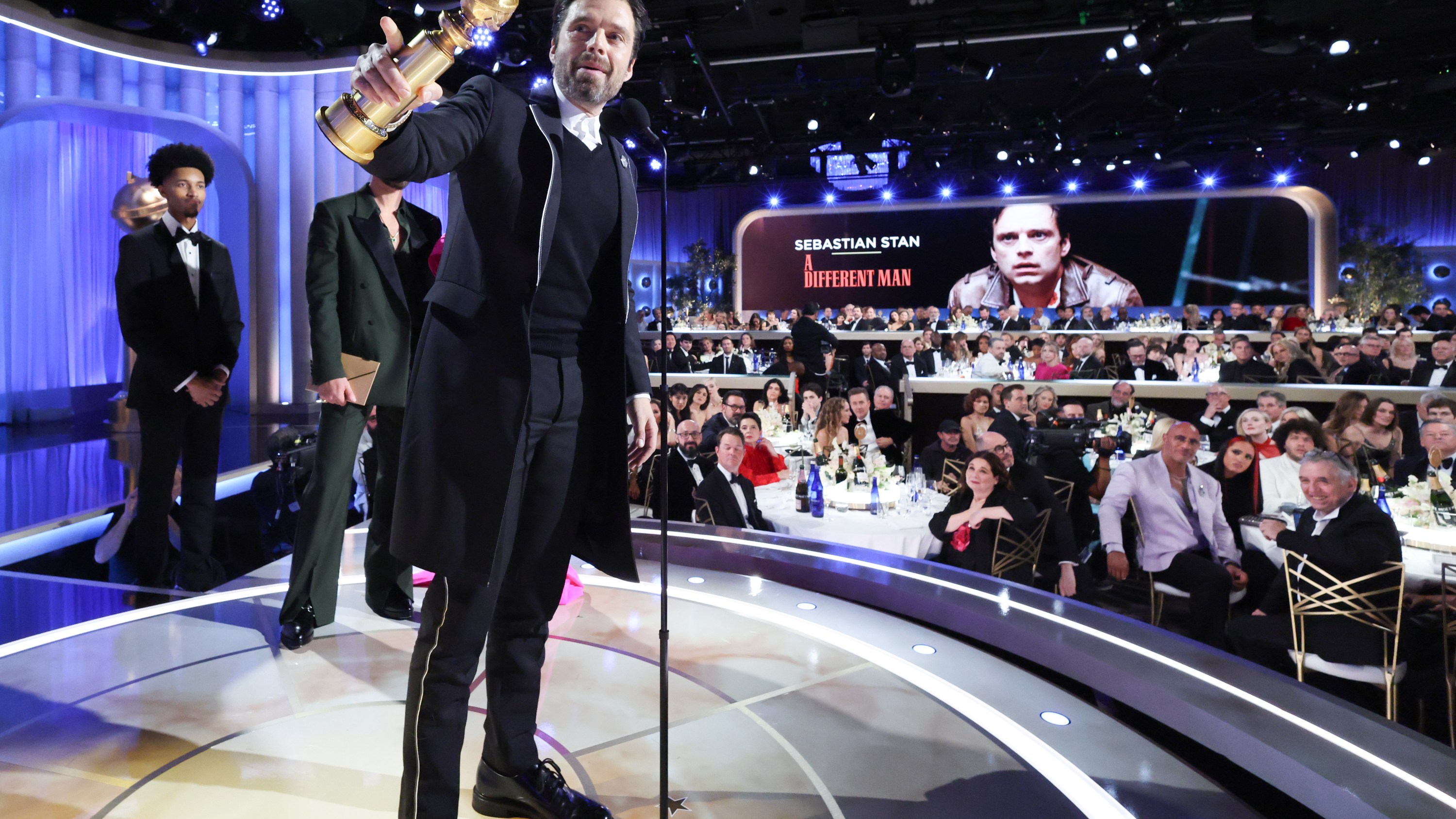 Sebastian Stan Wins Best Performance by a Male Actor in a Motion Picture – Musical or Comedy during the 82nd Annual Golden Globes held at The Beverly Hilton on January 05, 2025 in Beverly Hills, California.