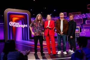 AFTER MIDNIGHT, airing Tuesday, April 23, 2024, with host Taylor Tomlinson. Pictured L to R: Weird Al Yankovic, Taylor Tomlinson, Drew Carey, Thomas Lennon. Photo: Sonja Flemming ©2024 CBS Broadcasting, Inc. All Rights Reserved