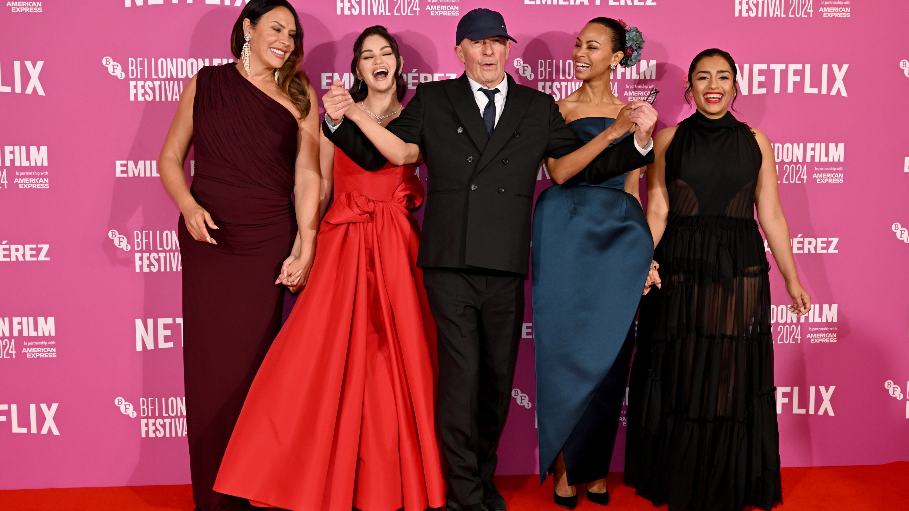 LONDON, ENGLAND - OCTOBER 11: (L-R) Karla Sofía Gascón, Selena Gomez, Jacques Audiard, Zoe Saldana and Adriana Paz attend the 'Emilia Perez' Headline Gala during the 68th BFI London Film Festival at The Royal Festival Hall on October 11, 2024 in London, England. (Photo by Jeff Spicer/Getty Images for BFI)