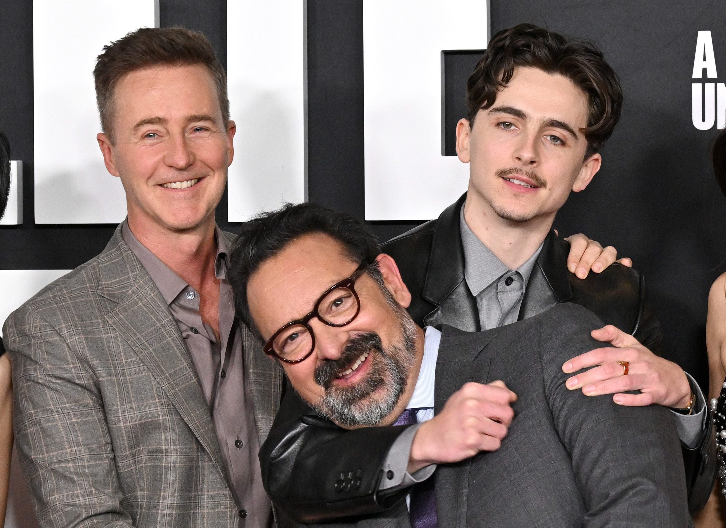 HOLLYWOOD, CALIFORNIA - DECEMBER 10: (L-R) Eriko Hatsune, Edward Norton, James Mangold, Timothée Chalamet, Monica Barbaro and Elle Fanning attend the Los Angeles Premiere of Searchlight Pictures "A Complete Unknown" at Dolby Theatre on December 10, 2024 in Hollywood, California. (Photo by Axelle/Bauer-Griffin/FilmMagic)