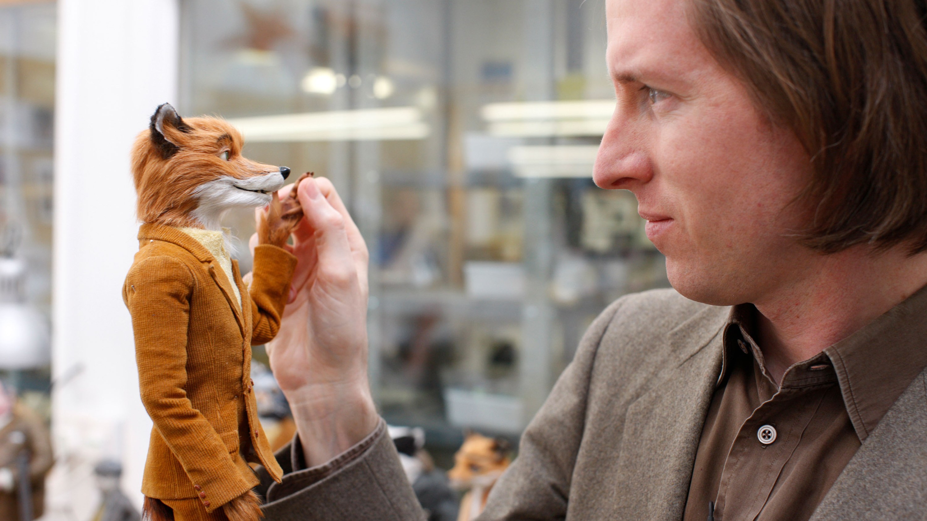 Director Wes Anderson, with Mr. Fox puppet, on set of 'Fantastic Mr. Fox'