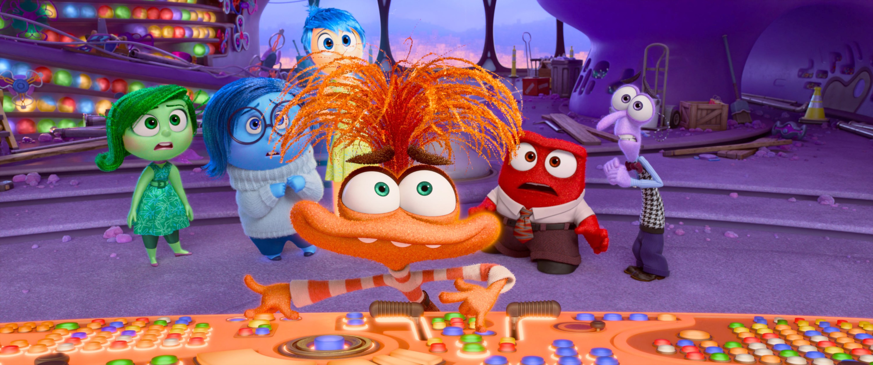 INSIDE OUT 2, from left: back from left: Disgust (voice: Liza Lapira), Sadness (voice: Phyllis Smith), Joy (voice: Amy Poehler), Anger (voice: Lewis Black), Fear (voice: Tony Hale), front: Anxiety (voice: Maya Hawke), 2024. © Walt Disney Studios Motion Pictures /Courtesy Everett Collection