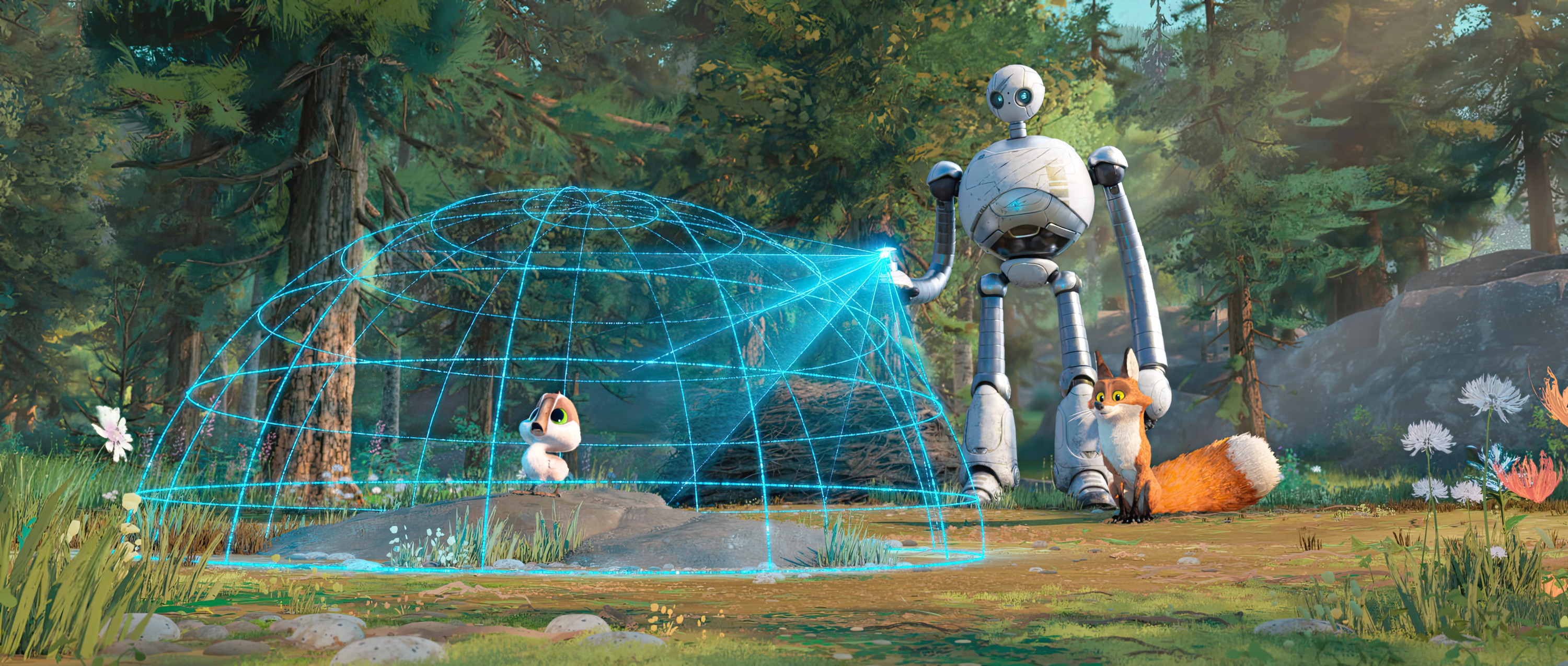 THE WILD ROBOT, from left: Brightbill (voice: Kit Connor), Fink (voice: Pedro Pascal), Roz (center, voice: Lupita Nyong'o), 2024. © DreamWorks Animation / © Universal Pictures / Courtesy Everett Collection