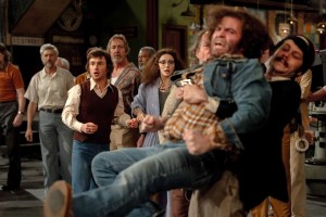 'SATURDAY NIGHT,' foreground from left: Gabriel LaBelle as Lorne Michaels (sweater vest), Ella Hunt as Gilda Radner, Matt Wood as John Belushi, Dylan O'Brien as Dan Aykroyd, 2024. ph: Hopper Stone / © Sony Pictures Releasing / courtesy Everett Collection