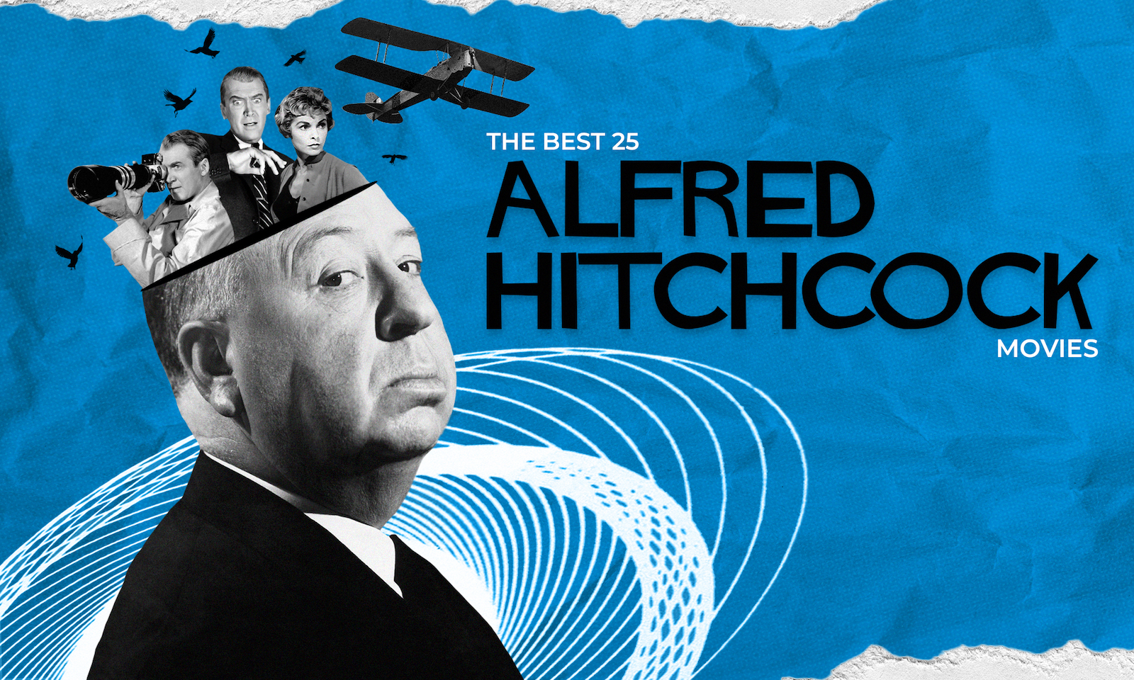 The best Alfred Hitchcock movies, ranked; image showing Jimmy Stewart in Rear Window and Vertigo, and Janet Leigh in Psycho, popping out of Alfred Hitchcock's head.